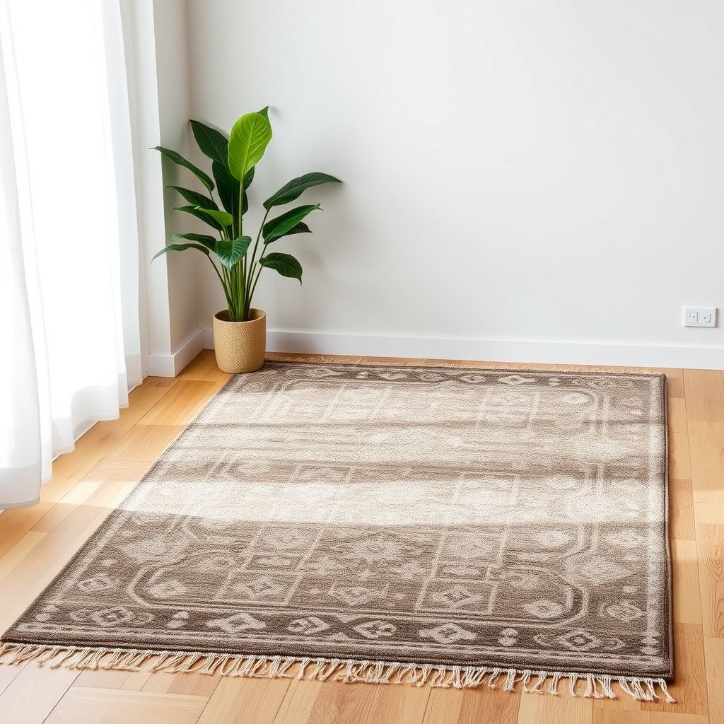 Un tapis élégant aux tons doux et textures riches, posé sur un sol en bois clair, illumine l'espace avec son design moderne et raffiné. Les motifs délicats et la qualité des matériaux soulignent le savoir-faire artisanal. À côté, une plante verte apporte une touche naturelle et chaleureuse, créant une ambiance accueillante et stylée.