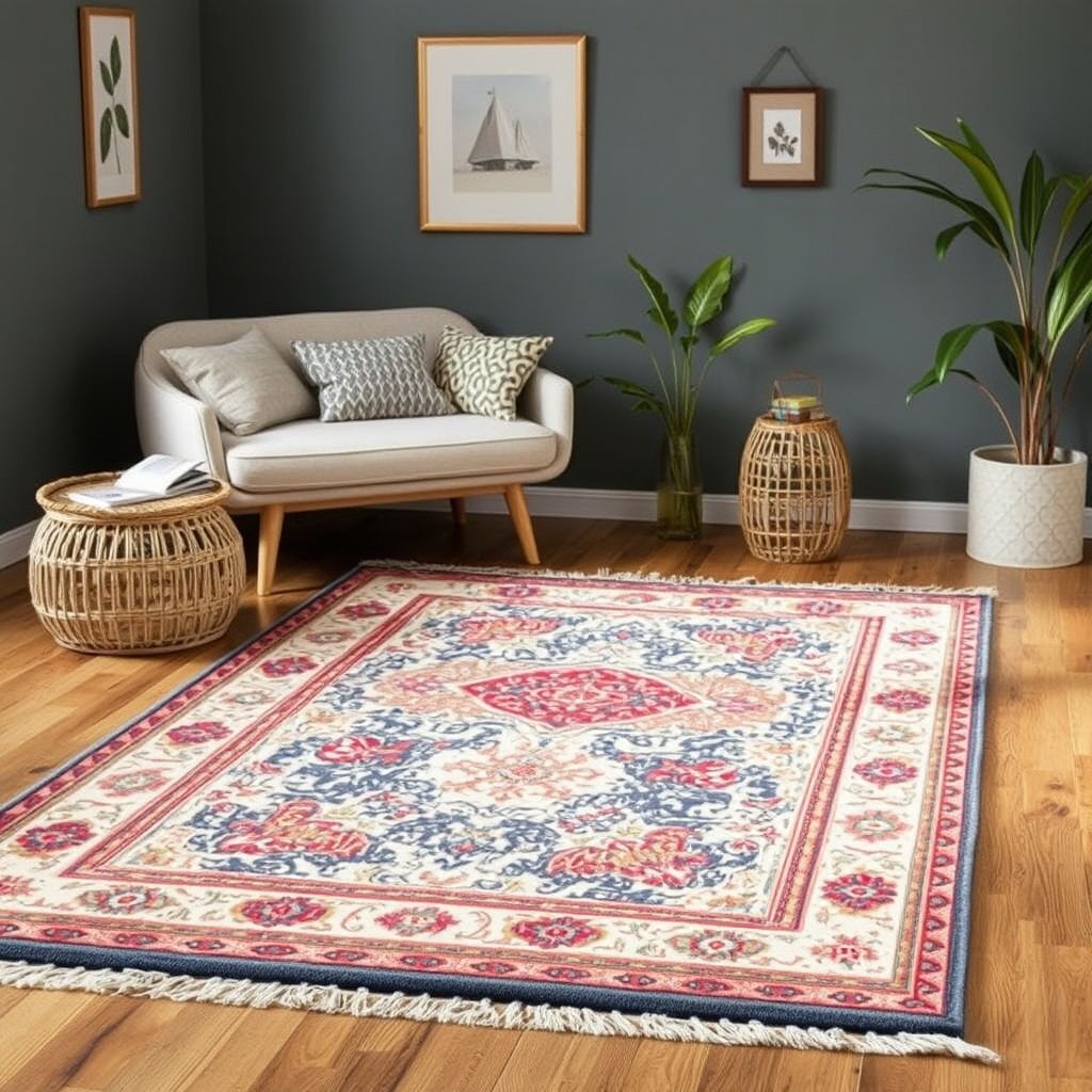 Un tapis aux motifs traditionnels et couleurs chaleureuses, soigneusement confectionné, apporte une ambiance cosy à votre intérieur. Sa qualité et sa finition artisanale garantissent robustesse et élégance.