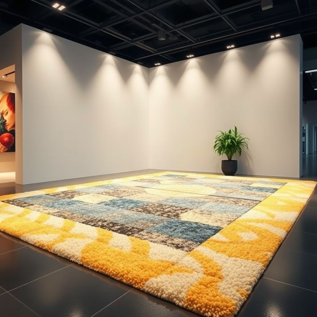 Un tapis haut de gamme, richement texturé et coloré, exposé dans un environnement lumineux et moderne, symbolise le luxe et la qualité. Les détails soignés et les matériaux choisis promettent un produit durable et esthétique.