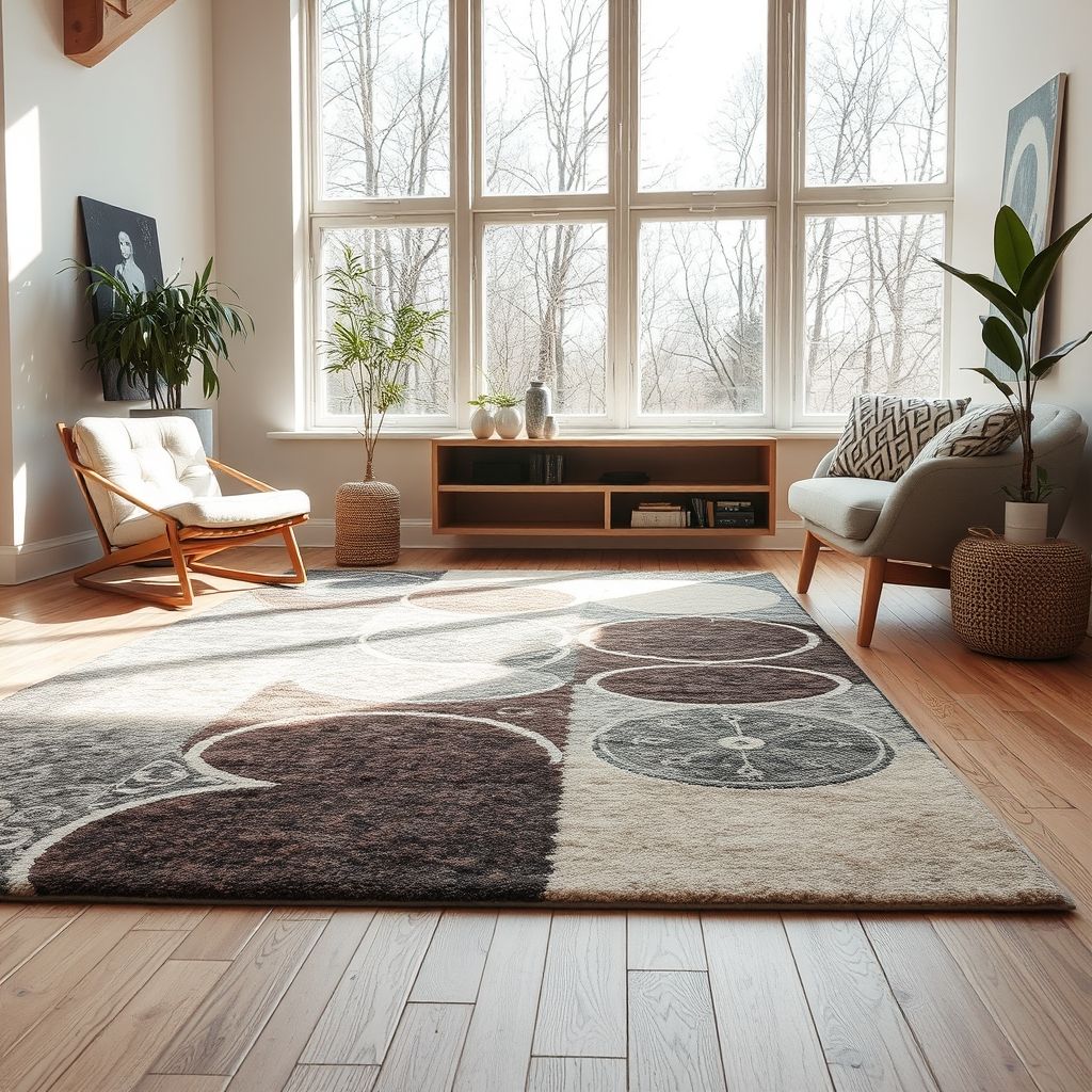 Un tapis moderne aux couleurs douces, aux motifs élégants et textures raffinées, posé sur un sol en bois clair, attire le regard par son design harmonieux et contemporain. L'atmosphère chaleureuse invite à la détente et à l'inspiration dans un cadre soigné.