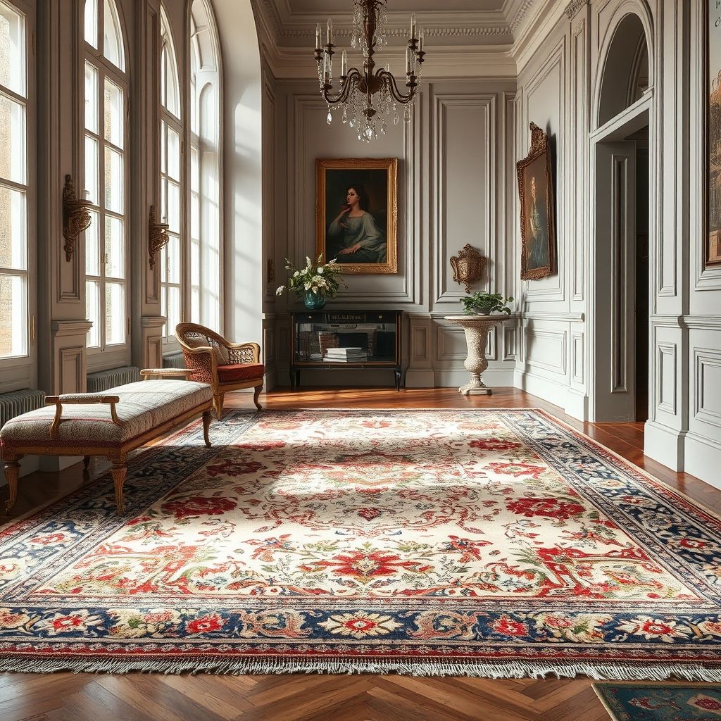 Un tapis artisanal de haute qualité, aux nuances chaleureuses et motifs élégants, soigneusement posé dans un intérieur raffiné, évoque l'excellence et le savoir-faire. La lumière douce souligne les textures riches et la finition parfaite.