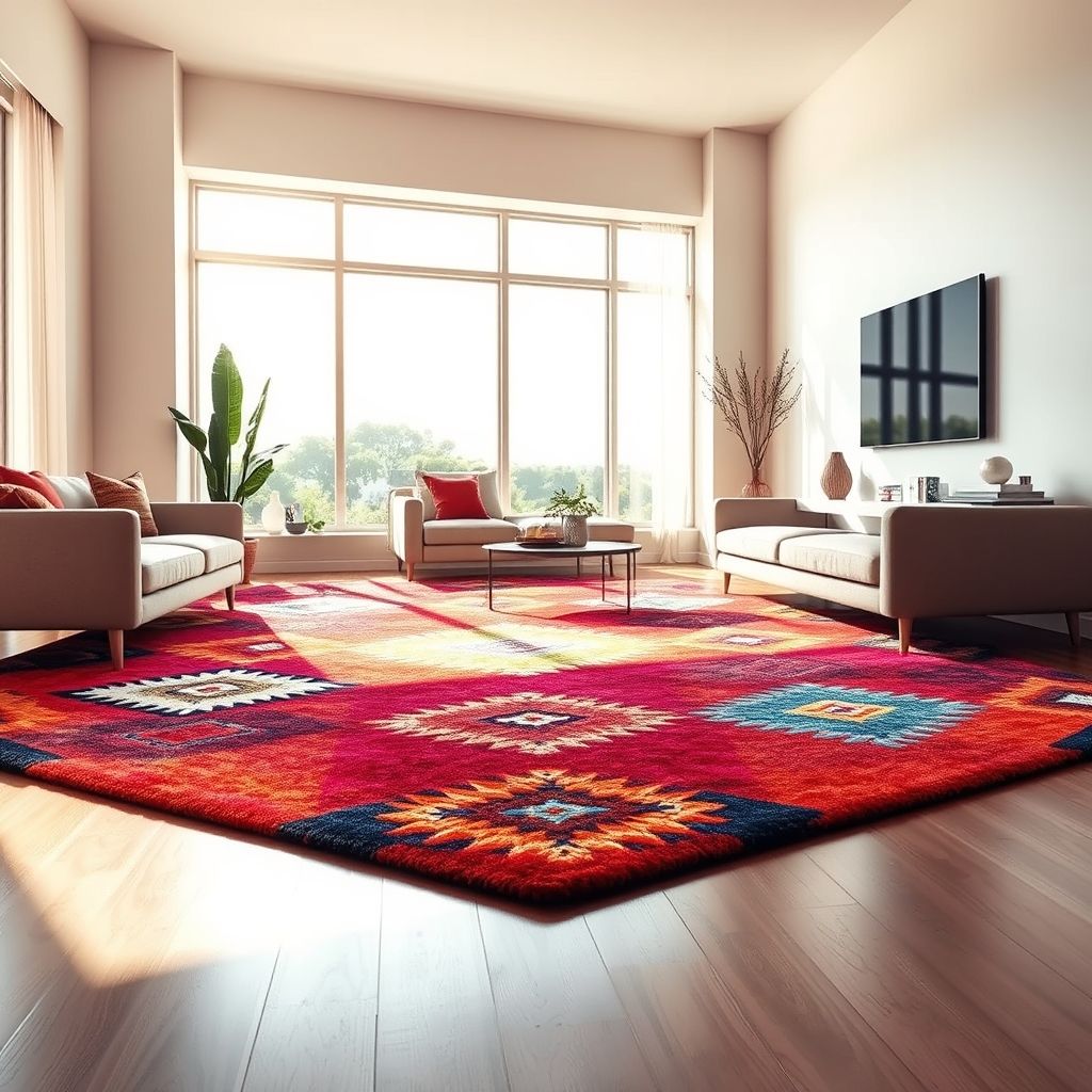 Un tapis contemporain aux couleurs vives et motifs géométriques, conçu avec des matériaux haut de gamme. Sa texture unique apporte caractère et modernité à tout espace.