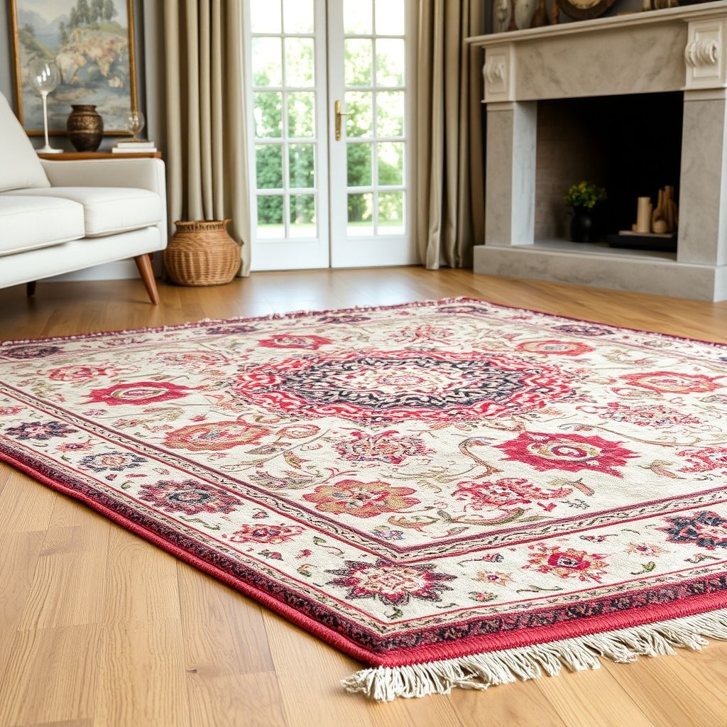 Un tapis aux motifs classiques, aux couleurs chaudes et à la texture douce, posé sur un sol en bois clair, apporte une touche d'élégance et de confort à la pièce. Les finitions soignées renforcent son aspect durable et artisanal.