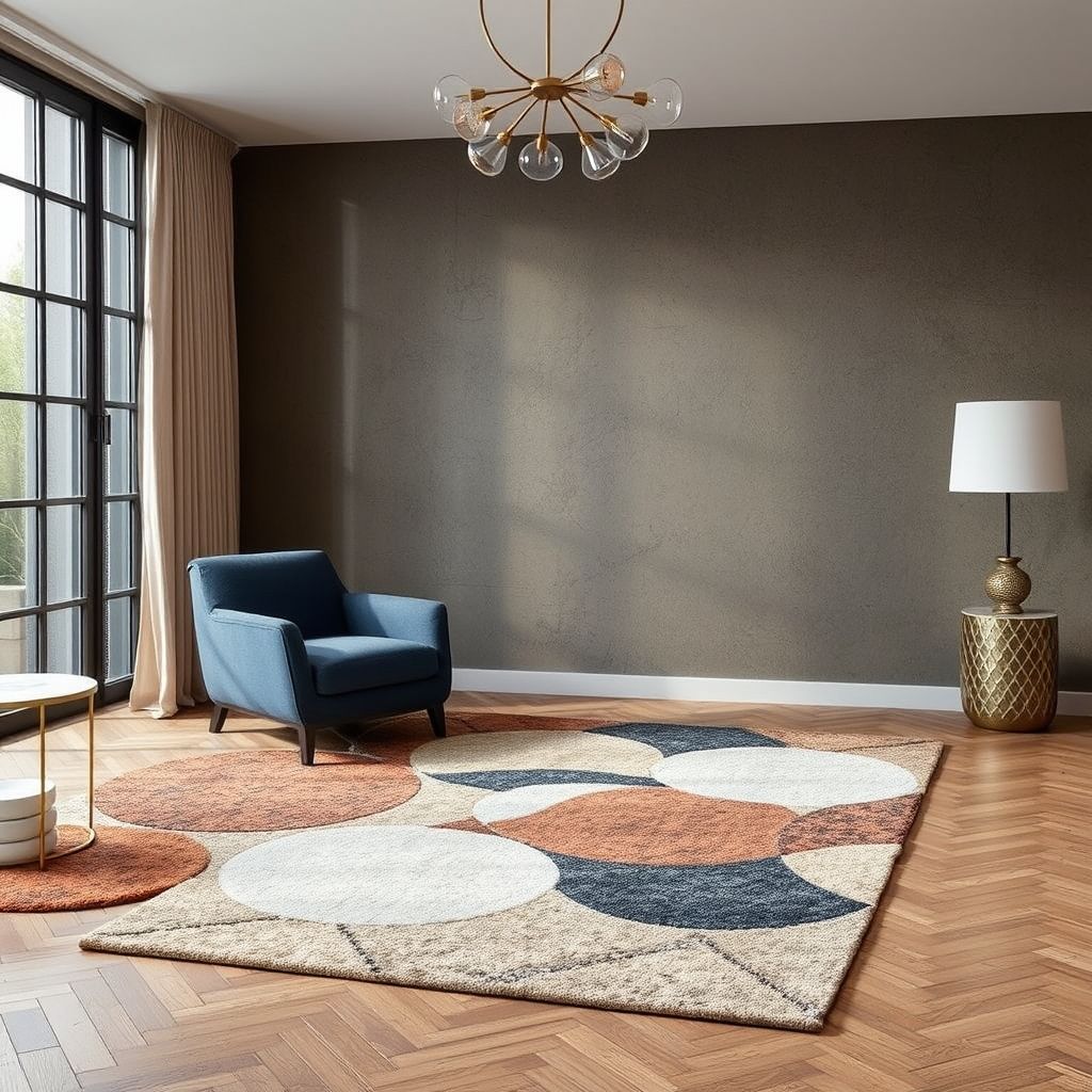 Un tapis moderne aux couleurs douces et textures raffinées, posé dans un intérieur élégant, symbolise le savoir-faire artisanal et la personnalisation. Ses motifs uniques et son confort en font une pièce maîtresse pour tout espace.